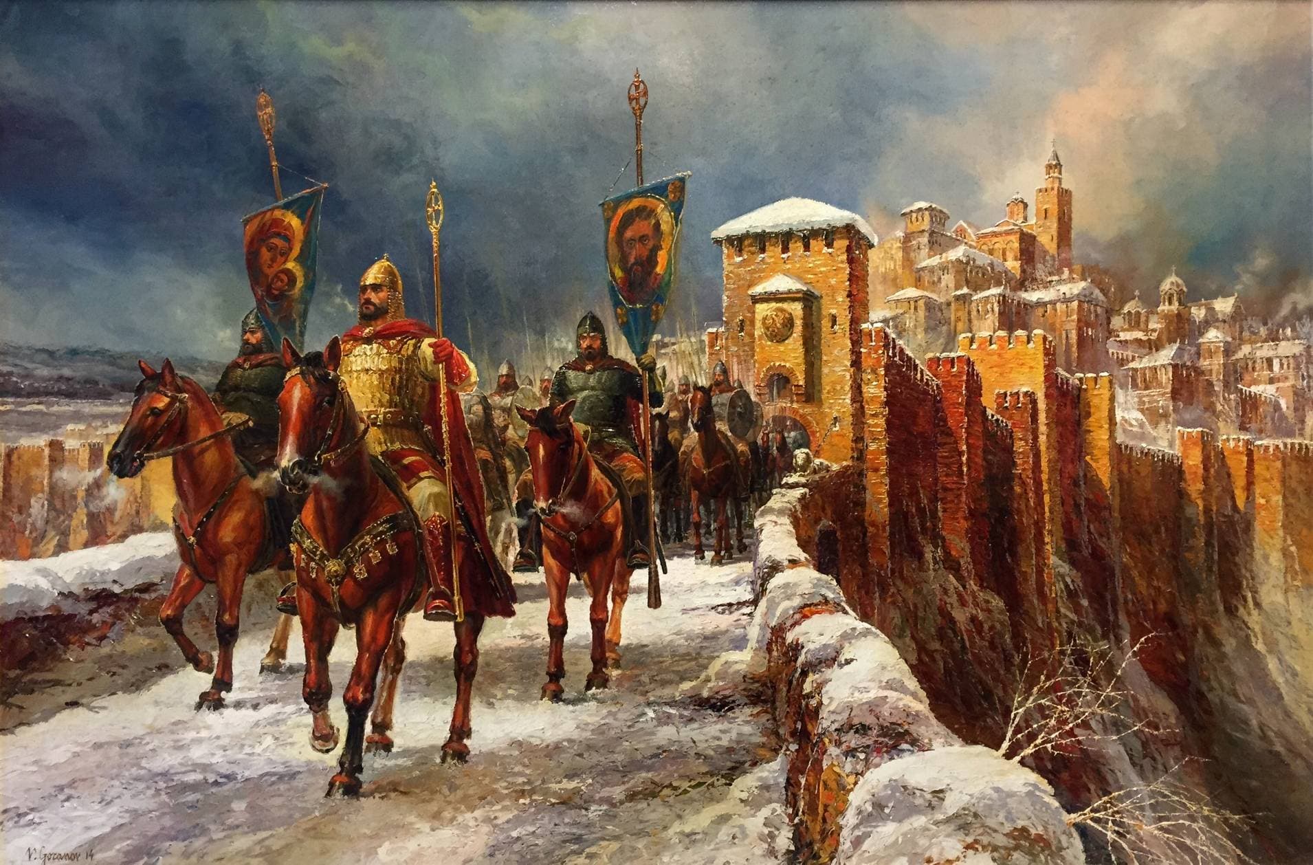 Painting of Bulgarian cavalry before the walls of Tarnovo
