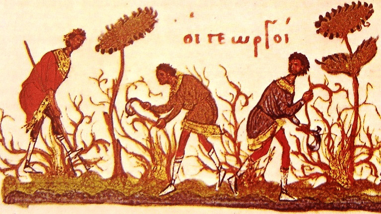 Medieval miniature of peasants working the fields