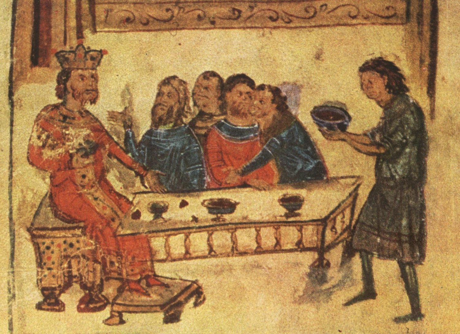 Vatican Manasses Chronicle — Khan Krum feasting after the defeat of Nikephoros I